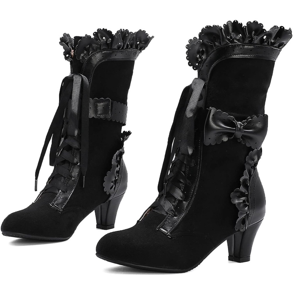Lolita Boots Lace Up‎ Ruffle Bow Cosplay Costume  Boots size 7